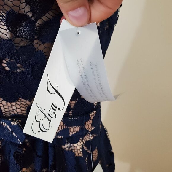 NWT Eliza J Navy Lace Illusion dress Fit & Flare Belted Cocktail sleeveless Sz 4 - Picture 4 of 16